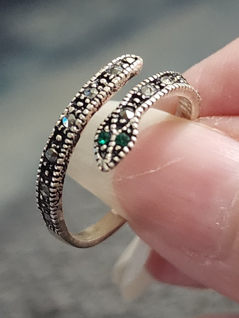 Sterling Silver Marcasite Snake Wrap Ring with Green Stone Eyes - Picture 2 of 12